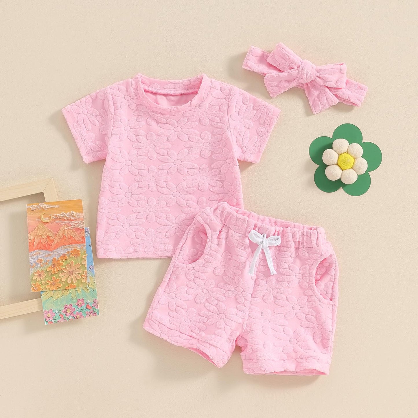 Toddler Baby Girls Daisy Chenille Patch Outfit Short Sleeve T-Shirt Shorts Headband 3Pcs Summer Clothes Set (Pink, 12-18 Months)