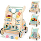 LOL-FUN Wooden Baby Walker with Double-Sided Busy Board, Push Walker for Baby with Adjustable Speed Wheels, Activity Learning Wa