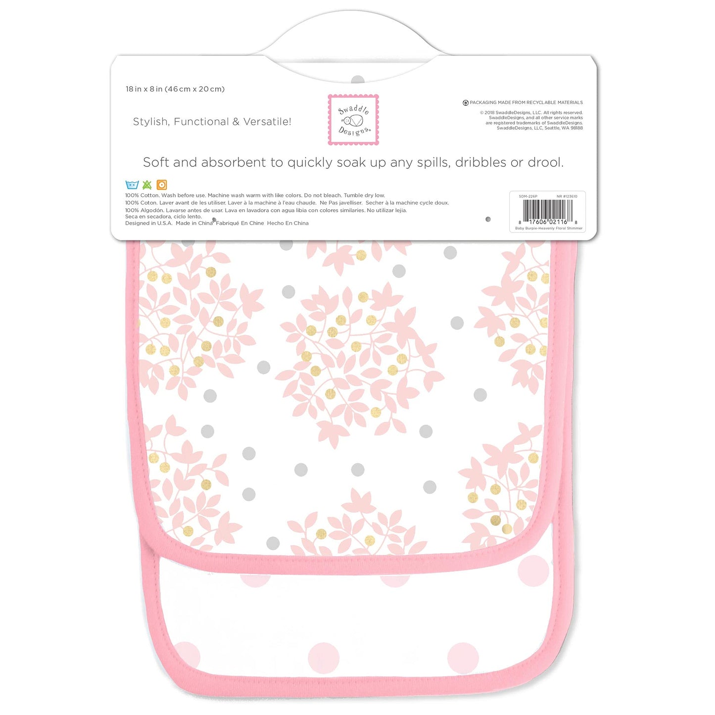 Swaddledesigns Cotton Muslin Baby Burpies, Set Of 2 Cotton Burp Cloths, Pink Heavenly Floral Shimmer