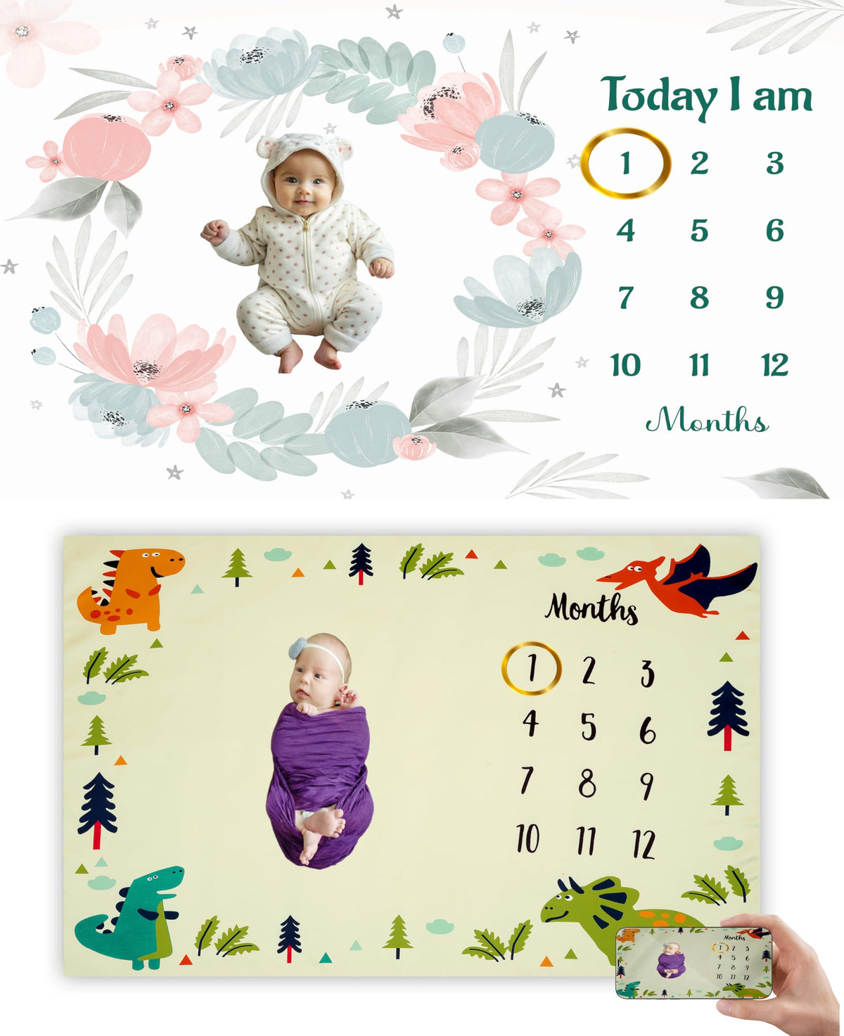 Hoolloomooloo Combo of 2 Baby Milestone Blankets  Soft Floral & Dino Themes for Monthly Growth Photoshoots  Newborn Memory Kee