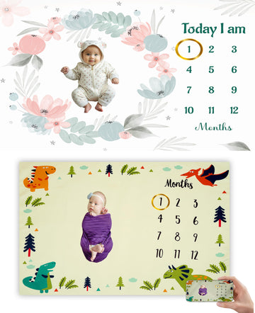 Hoolloomooloo Combo of 2 Baby Milestone Blankets  Soft Floral & Dino Themes for Monthly Growth Photoshoots  Newborn Memory Kee