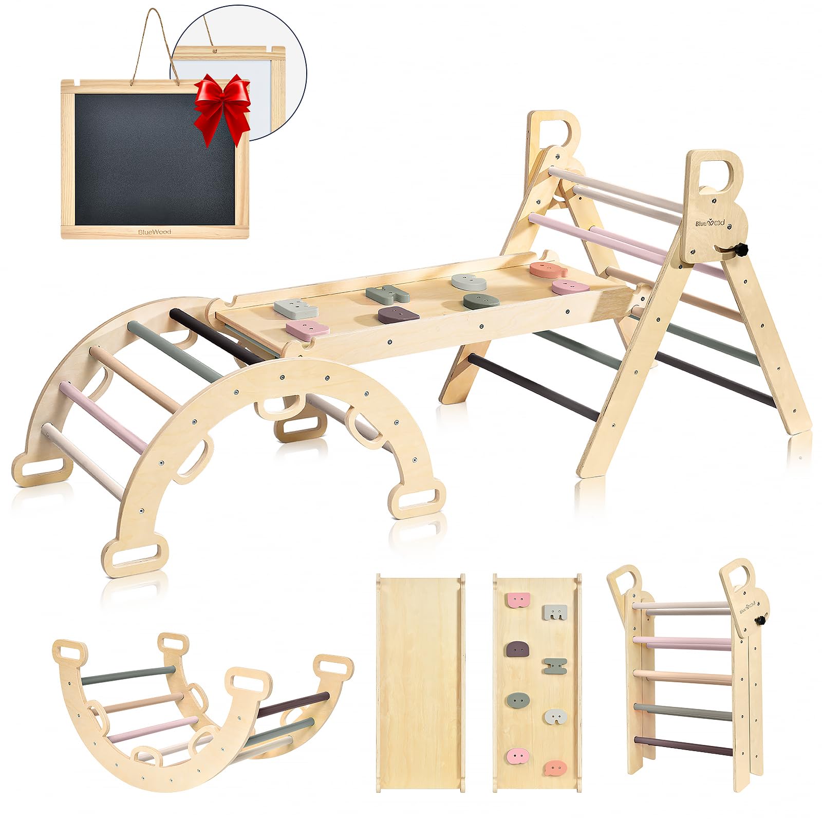 Bluewood Pikler Triangle Set Pikler Climbing Set For Toddlers, Foldable Baby Climbing Toys, Wooden Montessori Climbing Set For 2