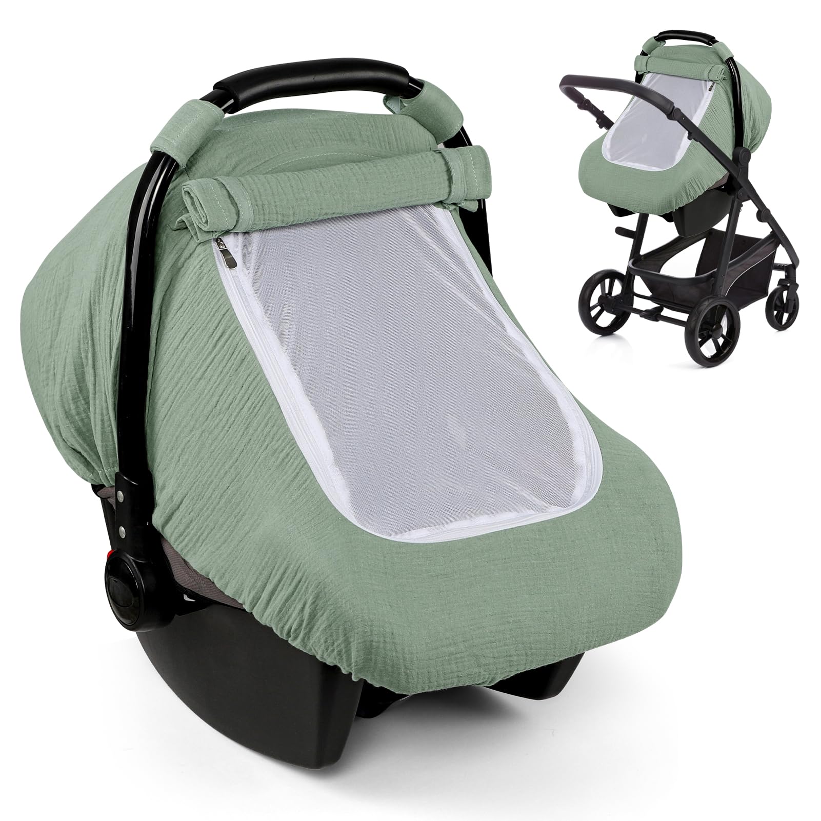 Muslin Baby Car Seat Cover for Boys Girls, 3 Layer Infant Carseat Canopy with Breathable Mesh Peep Window, Summer Lightweight Su