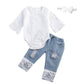 Koramesis Baby Girl Clothes Set Lace Ruffle Romper Flare Denim Jean Pants And Headband 3Pcs Set Newborn Infant Outfits Set (Whit