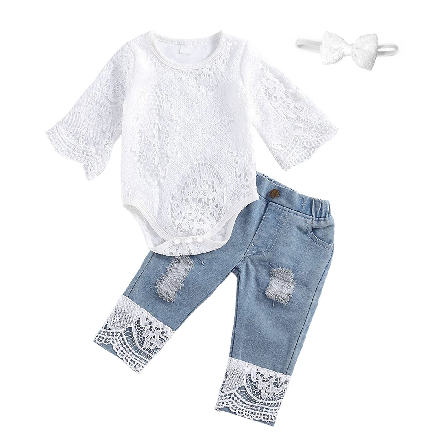 Koramesis Baby Girl Clothes Set Lace Ruffle Romper Flare Denim Jean Pants And Headband 3Pcs Set Newborn Infant Outfits Set (Whit