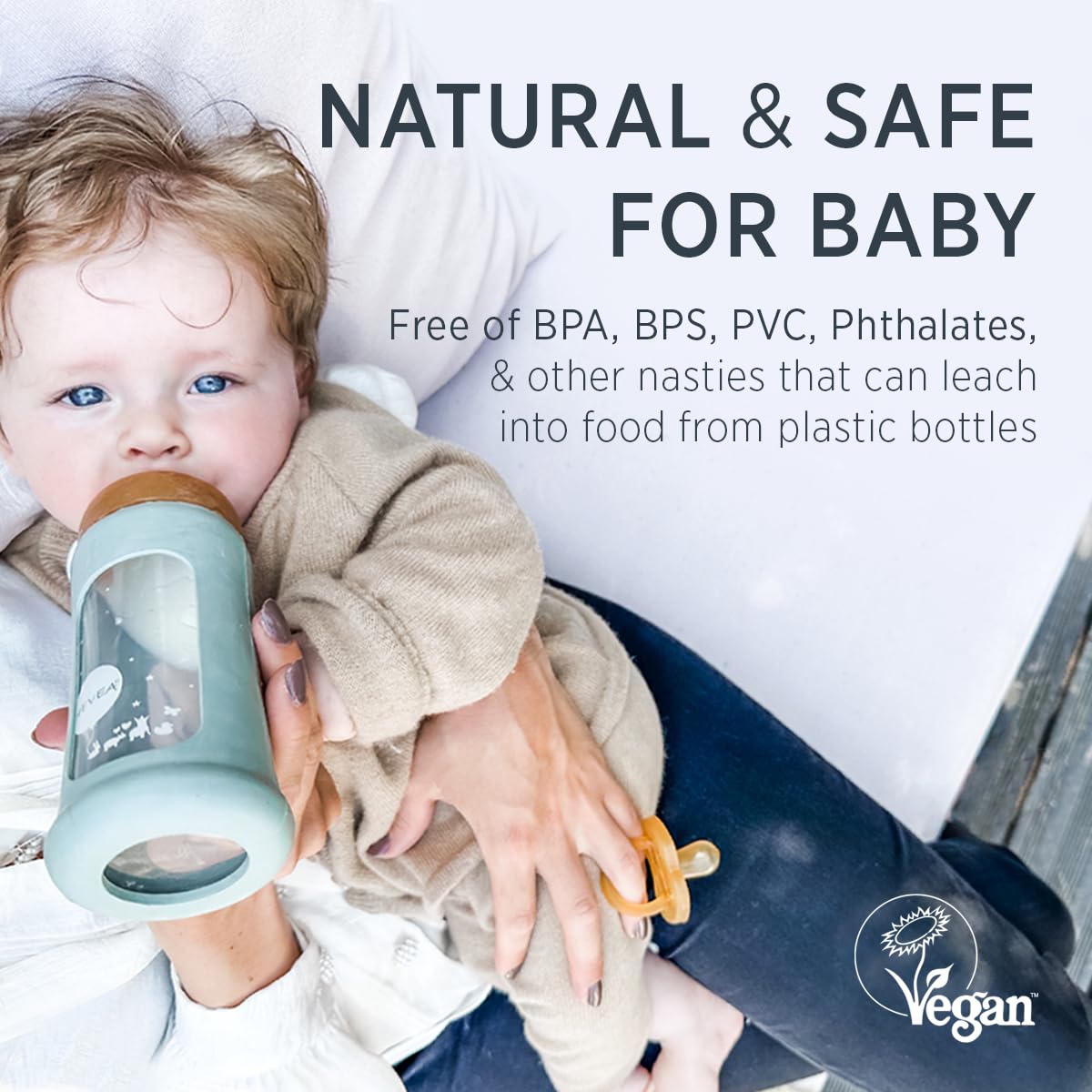Hevea Plastic-Free Wide Neck Glass Baby Bottle With Sand Sleeve - Medium Flow Anti Colic Baby Bottles 3-24 Months - Bpa-Free, Si