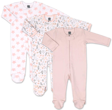 The Peanutshell Flowers & Stars 3 Pack Footed Sleepers For Baby Girls (Newborn) Pink