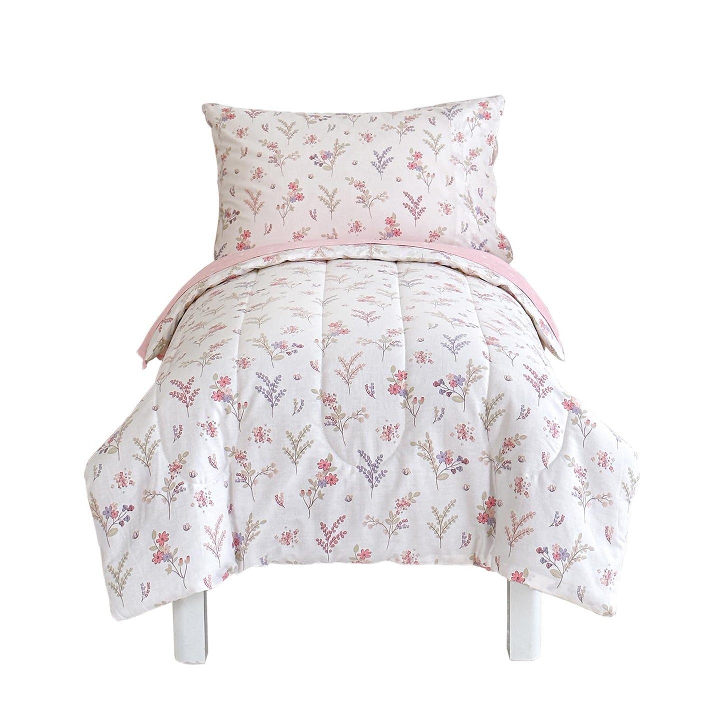 Joyreap 4 Piece Cotton Toddler Bedding Set For Girls, Flowers N Leaves Pink Design, Soft Breathable Cotton Toddler Comforter Set