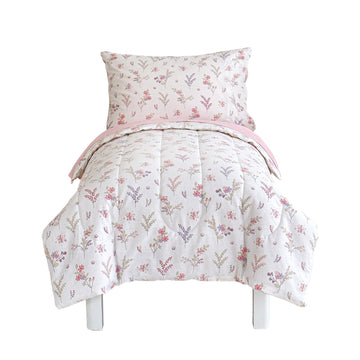 Joyreap 4 Piece Cotton Toddler Bedding Set For Girls, Flowers N Leaves Pink Design, Soft Breathable Cotton Toddler Comforter Set