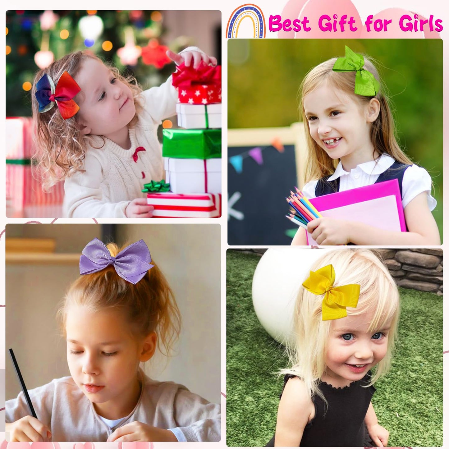 Dwenarry 5 Inch Hair Bows For Girls, Colorful Little Girls Hair Bow Rainbow Heart Grosgrain Hair Bow With Alligator Clips Hair A