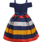 Nssmwttc Girls Off Shoulder Dress Kids Christmas Sunday Halloween Baptism Christening Striped Dresses (Navy,140)
