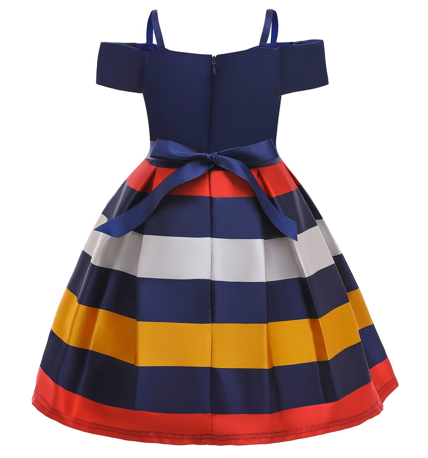 Nssmwttc Girls Off Shoulder Dress Kids Christmas Sunday Halloween Baptism Christening Striped Dresses (Navy,140)