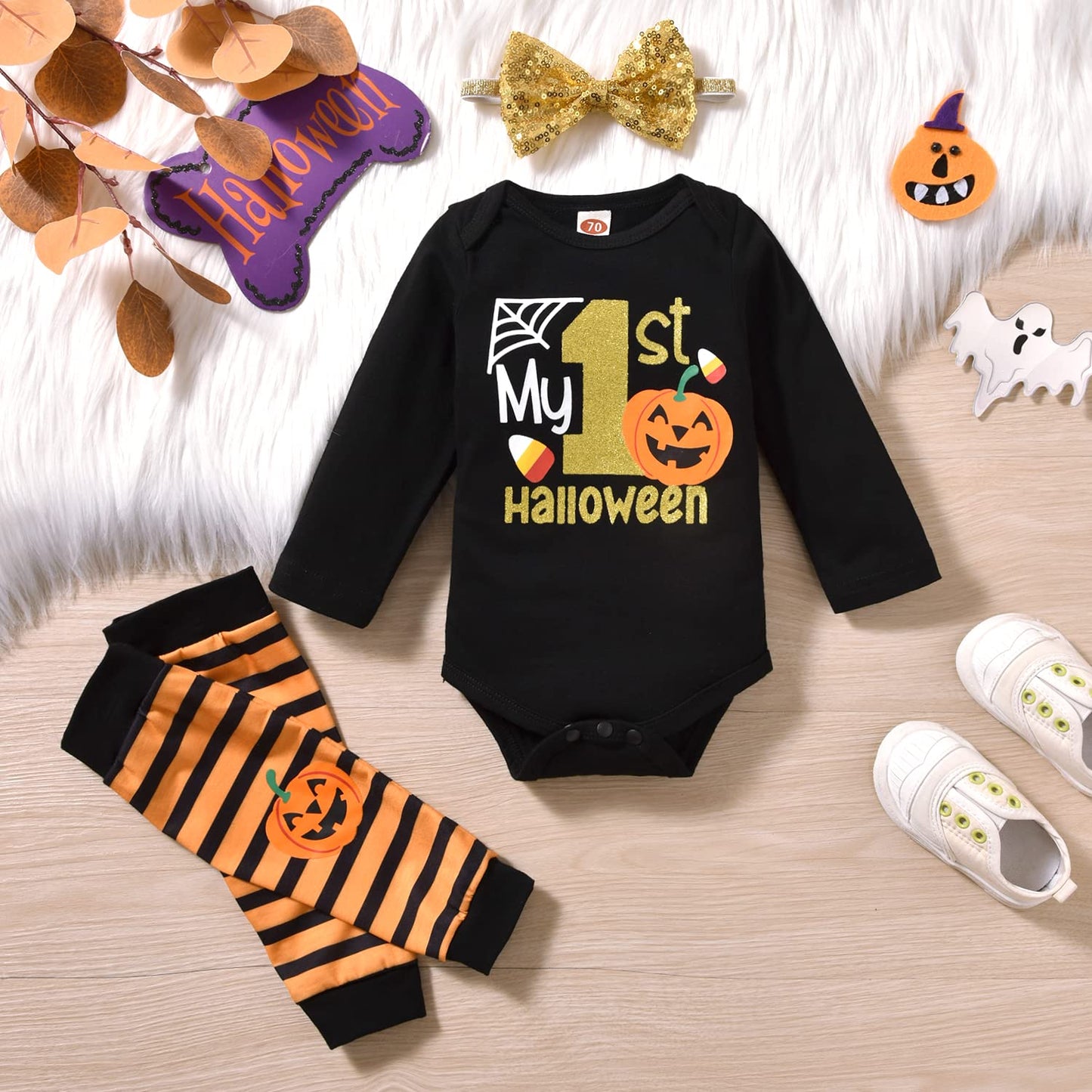 Cpei Baby Girls Halloween Outfits My 1St Halloween Romper+ Tutu Skirt+ Striated Leg Warmer+ Headband Outfit Set(Black 3, 0-3 Mon