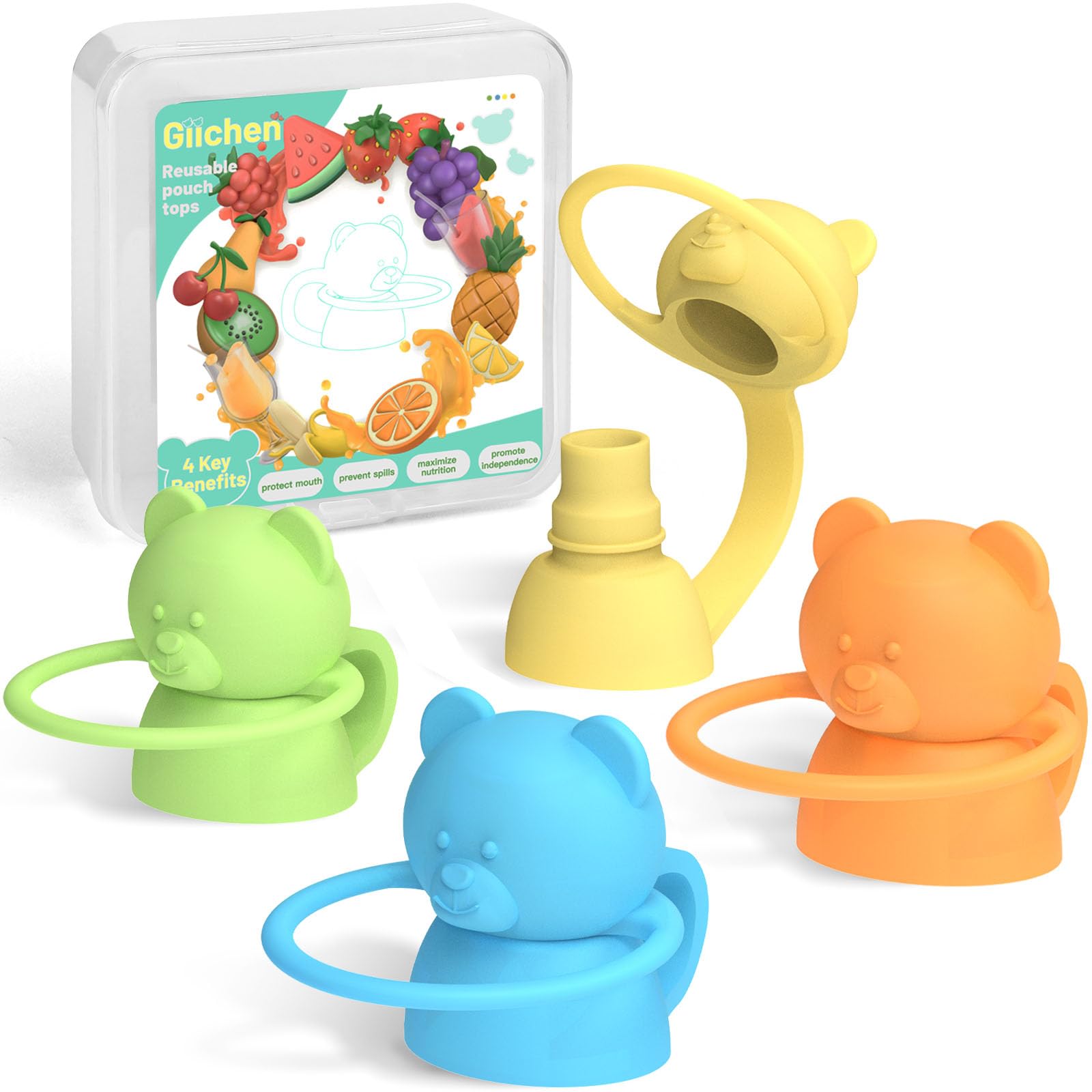 Giichen Soft Sip Food Pouch Topper - Bpa Free Silicone Food Pouch Tops For Baby Prevent Spills, Food Grade Toddler Pouch Lids Pr