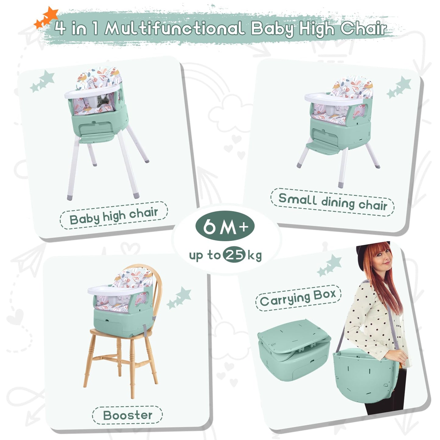 4 In 1 Portable Baby High Chair,Convertible Highchair For Babies And Toddlers-Foldable Infant Booster Seat,Carry Small Box,Dinin