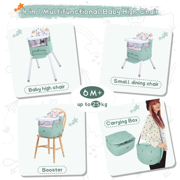 4 In 1 Portable Baby High Chair,Convertible Highchair For Babies And Toddlers-Foldable Infant Booster Seat,Carry Small Box,Dinin