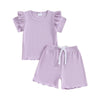 Kupretty Toddlers Baby Girls Summer Clothes Set Ruffle Ribbed Knit Short Sleeves T-Shirt Tops Shorts Comfy Outfits (A Purple, 18