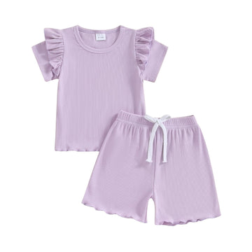 Kupretty Toddlers Baby Girls Summer Clothes Set Ruffle Ribbed Knit Short Sleeves T-Shirt Tops Shorts Comfy Outfits (A Purple, 2-