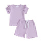 Kupretty Toddlers Baby Girls Summer Clothes Set Ruffle Ribbed Knit Short Sleeves T-Shirt Tops Shorts Comfy Outfits (A Purple, 3-
