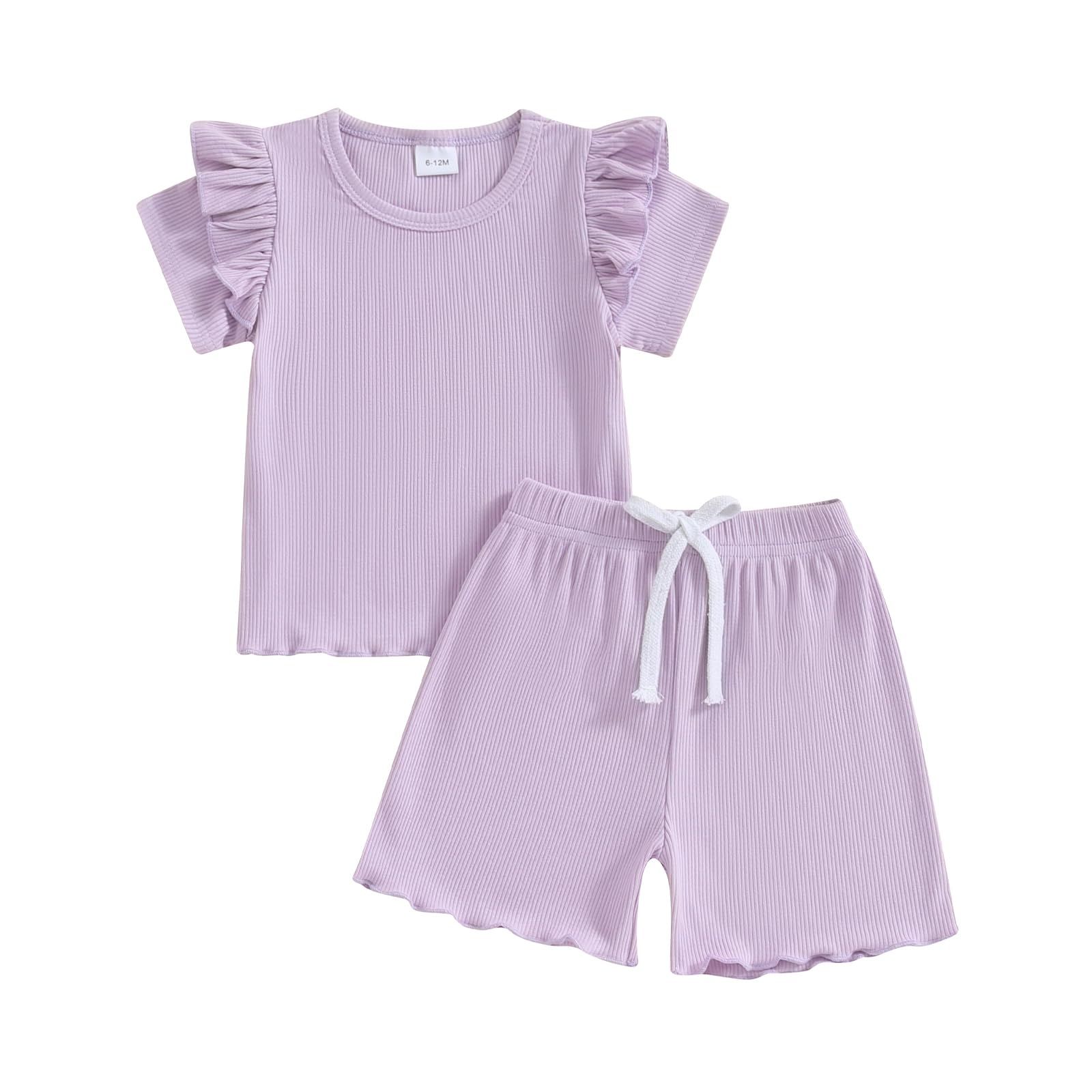 Kupretty Toddlers Baby Girls Summer Clothes Set Ruffle Ribbed Knit Short Sleeves T-Shirt Tops Shorts Comfy Outfits (A Purple, 3-