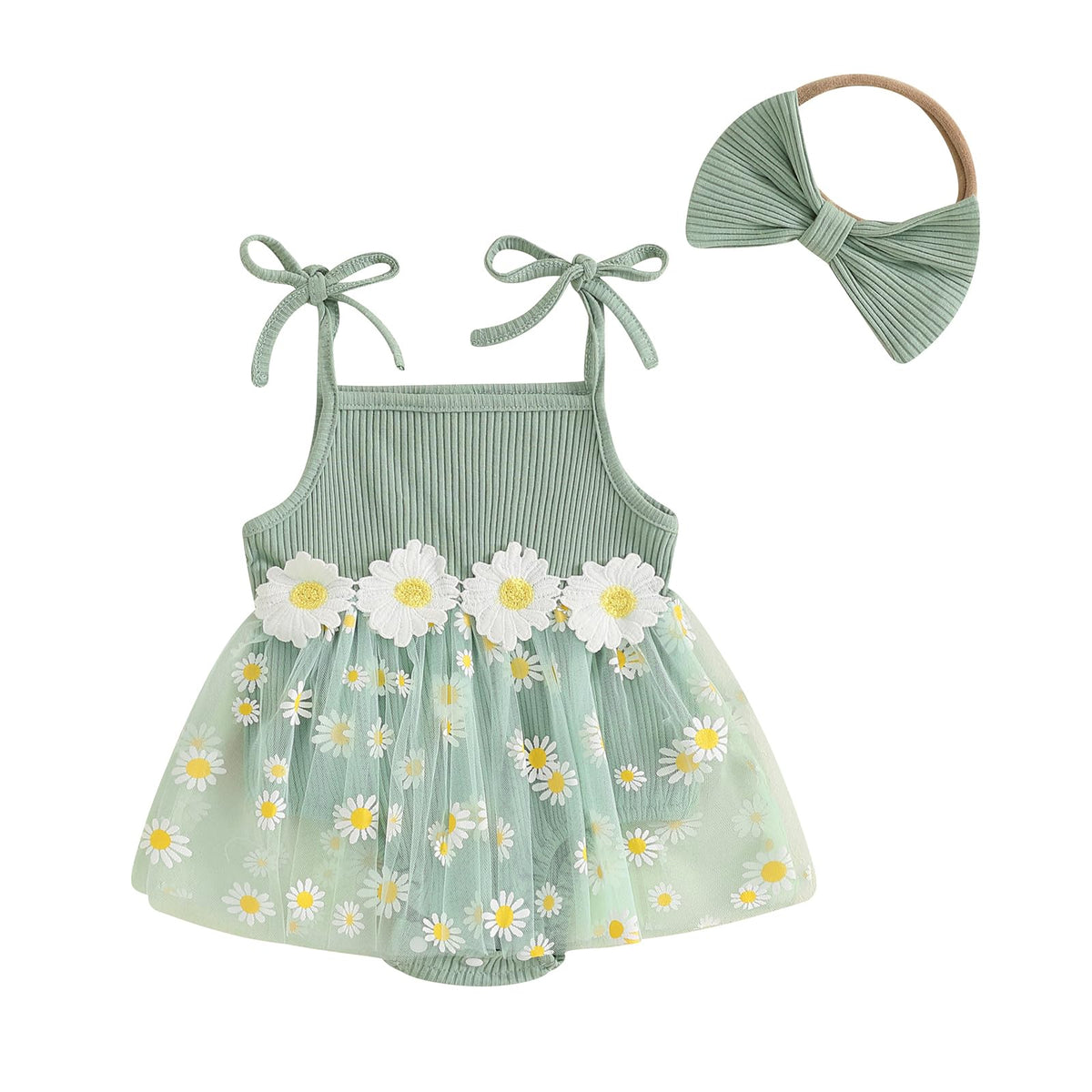 Baby Girl Clothes Daisy Ribbed Bodysuit Sleeveless Romper Dress Summer Outfit For Girls Newborn 3 6 9 12 18 Months, Green, 03 M
