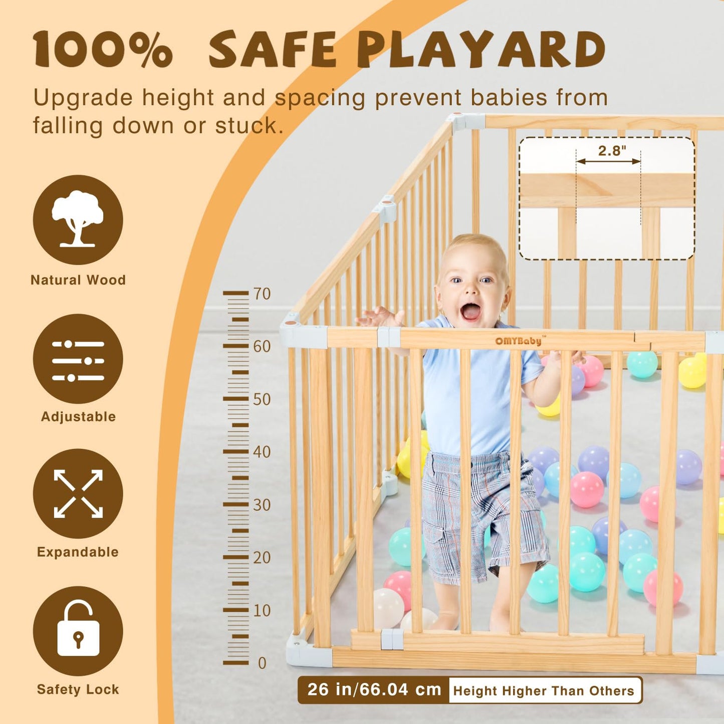 Wooden Baby Playpen With Door, Changeable & Expandable Play Fence For Toddlers, Large Wood Playpen Safety Baby Gate Playard, Saf
