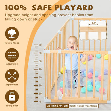 Wooden Baby Playpen With Door, Changeable & Expandable Play Fence For Toddlers, Large Wood Playpen Safety Baby Gate Playard, Saf