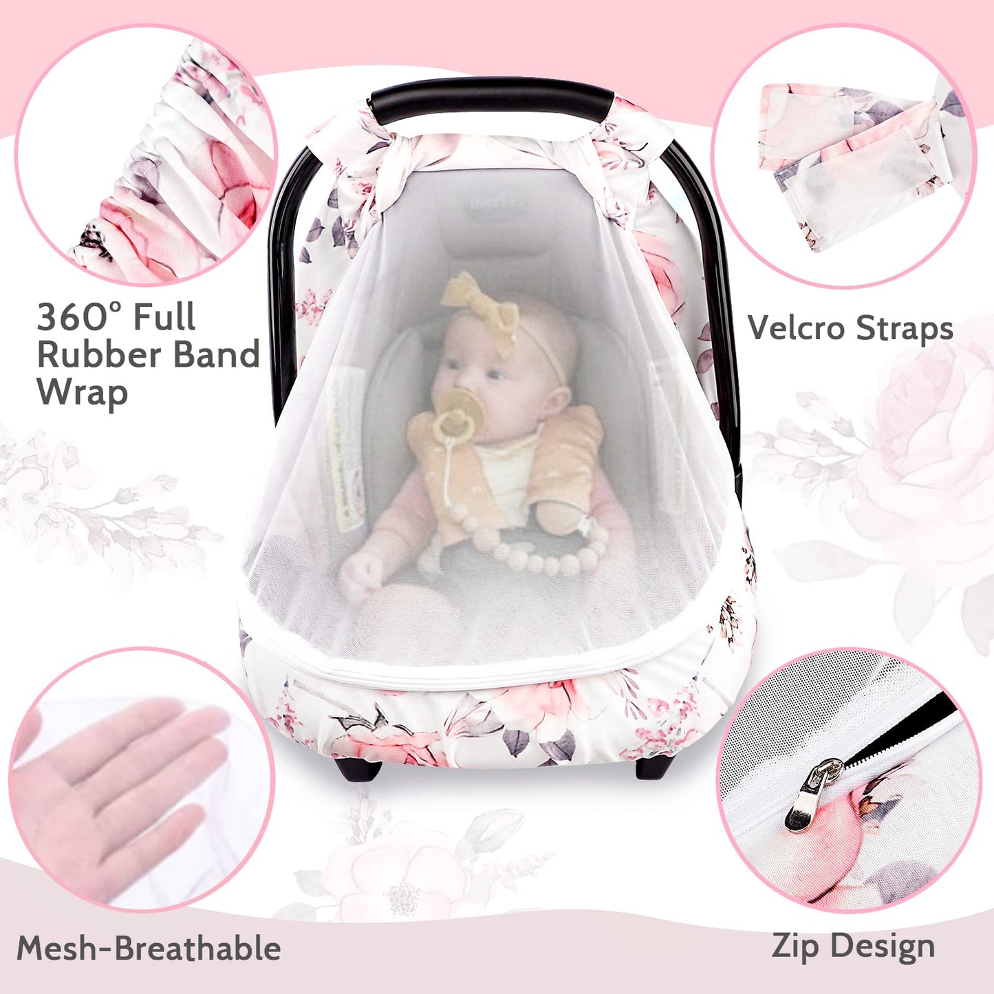 Carseat Cover Girls, Floral Baby Carseat Canopy With Zipper Mesh, Infant Stroller Cover, Watercolor Pink Flower