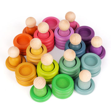 Montessori Toys Wooden Color Sorting Stacking Rings Toy Rainbow Wooden Peg Dolls Counting Toys Circular Building Blocks Stacking