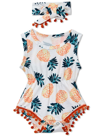Newborn Girls Cartoon Pineapple Jumpsuits 3D Printed Navy Green Leaves Onesie For Babys Summer Sleeveless Pom Pom Lace One Piece