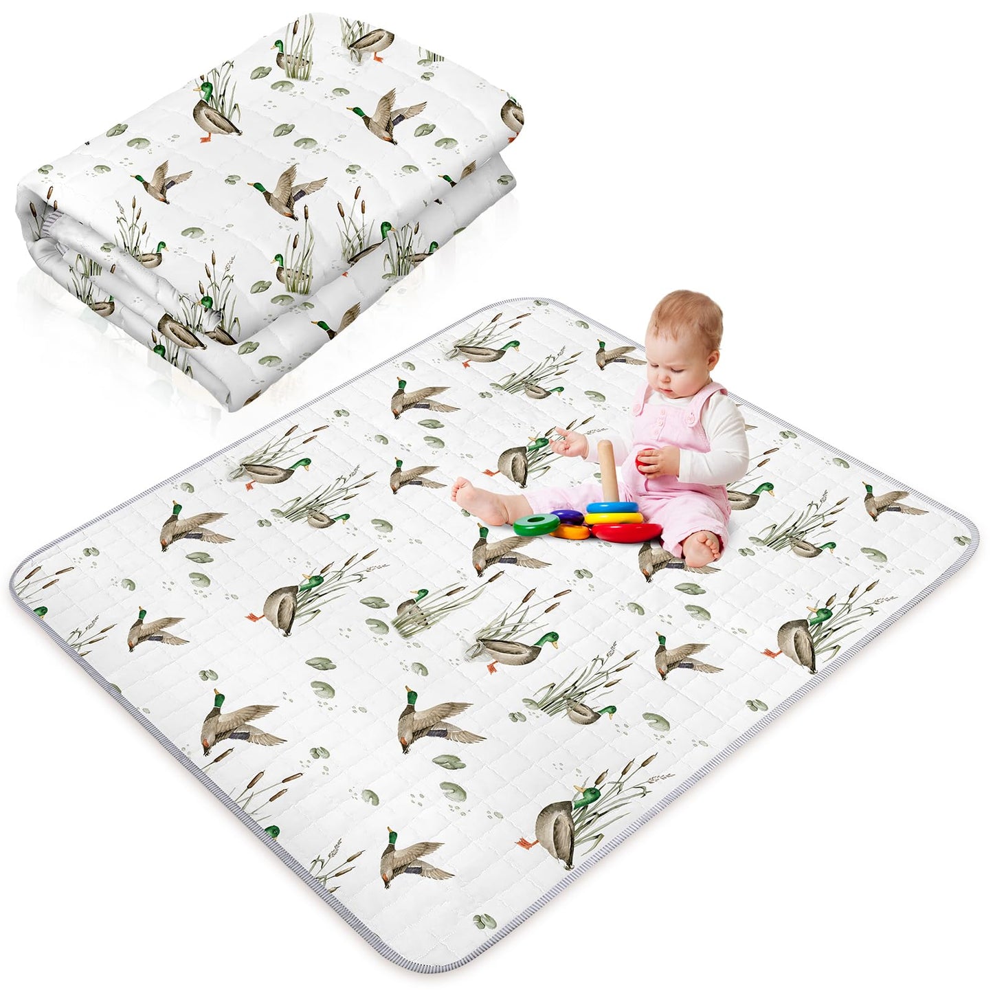 Funtery 43 x 43 Inch Mallard Duck Baby Playmat Portable Crawling Washable Foldable Tummy Time Non Slip Baby Floor Large Playpen 