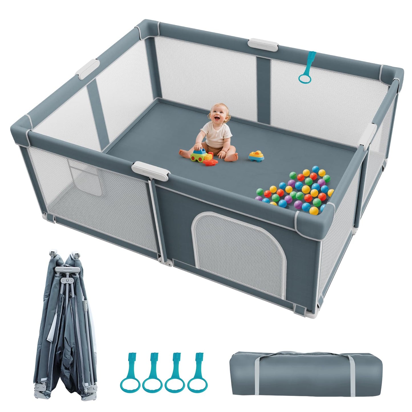 Foldable Baby Playpen - 71  59 Collapsible Play Pen for Babies and Toddlers - Indoor Outdoor Foldable Play Yard with 4 Handles -