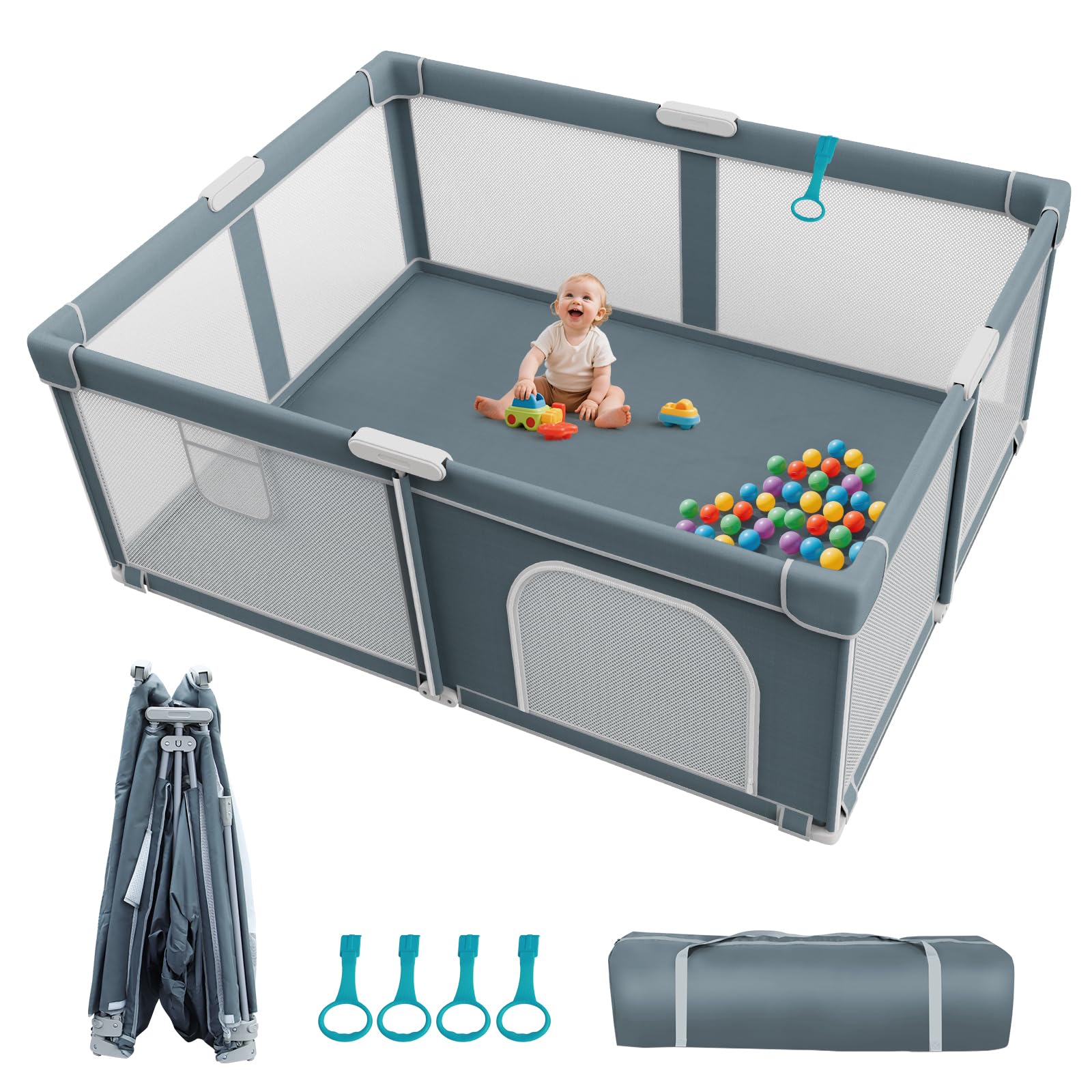 Foldable Baby Playpen - 71  59 Collapsible Play Pen for Babies and Toddlers - Indoor Outdoor Foldable Play Yard with 4 Handles -