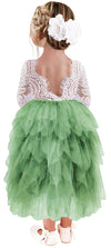 2Bunnies Girl Peony Lace Back A-Line Tiered Tutu Tulle Flower Girl Dress (Sage Sleeve Maxi, 5)