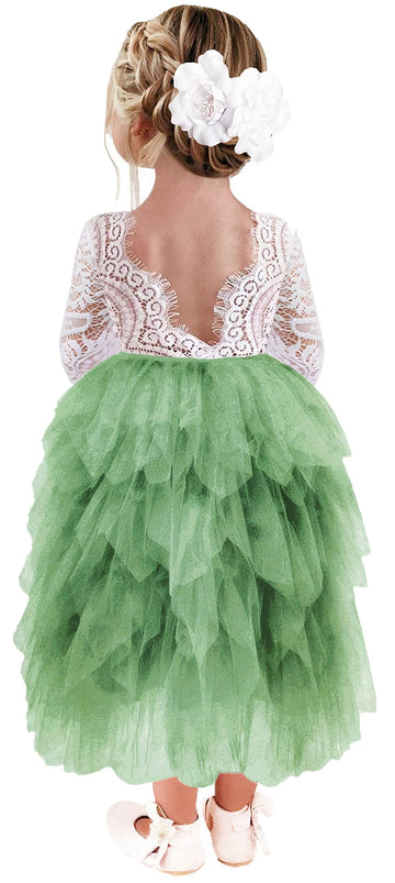 2Bunnies Girl Peony Lace Back A-Line Tiered Tutu Tulle Flower Girl Dress (Sage Sleeve Maxi, 5)