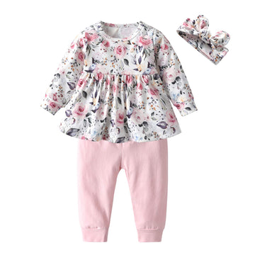 3Pcs Baby Girl Clothes Ruffle Floral Shirt Tops Pants Headband Outfit Sets (Pink, 18-24 Months)