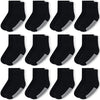 Jakidar 12 Pairs Baby Socks Cotton Crew Toddler Socks Grips Non Slip Bottom Kids Socks, Black 12-24M