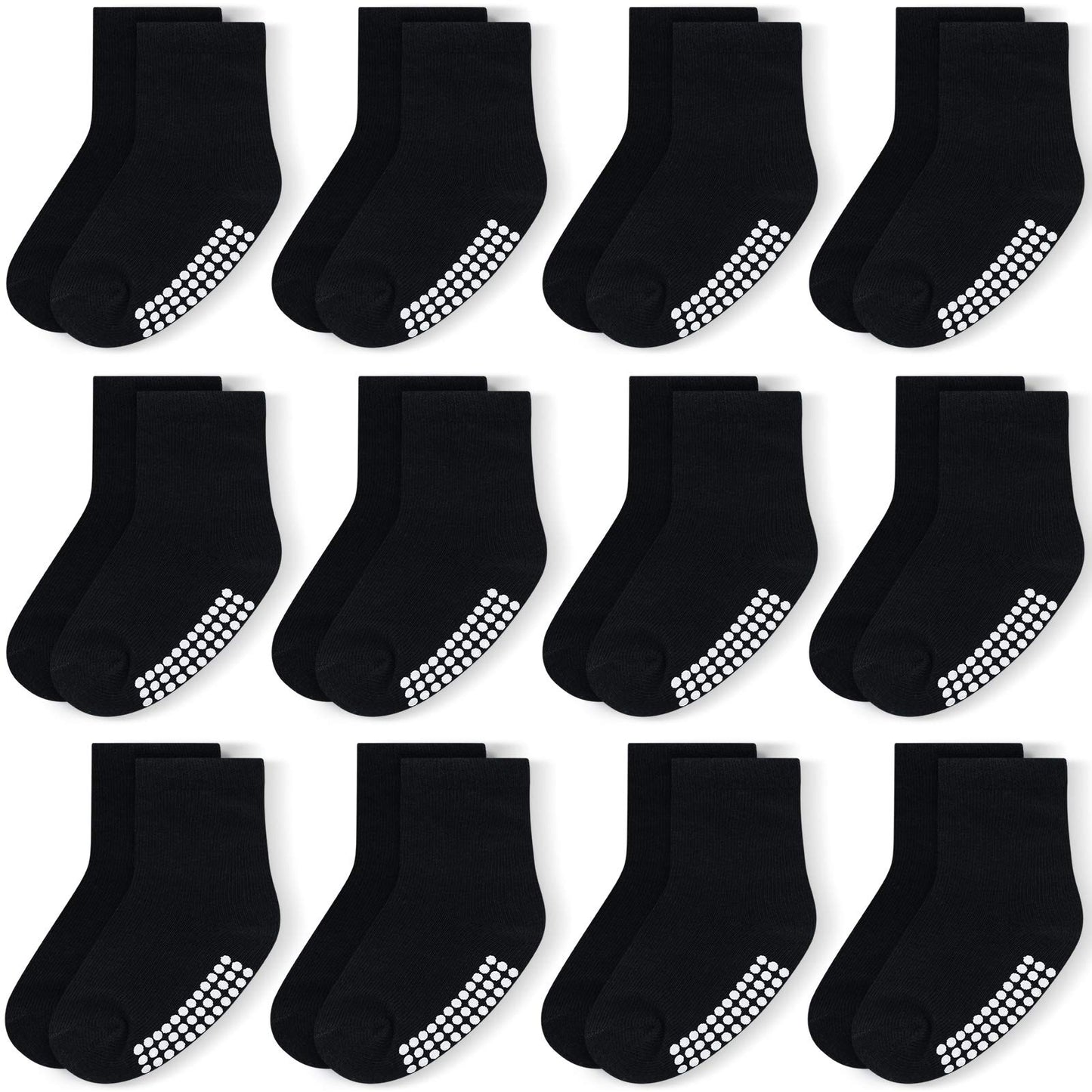 Jakidar 12 Pairs Baby Socks Cotton Crew Toddler Socks Grips Non Slip Bottom Kids Socks, Black 12-24M