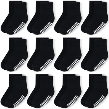 Jakidar 12 Pairs Baby Socks Cotton Crew Toddler Socks Grips Non Slip Bottom Kids Socks, Black 12-24M