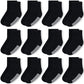 Jakidar 12 Pairs Baby Socks Cotton Crew Toddler Socks Grips Non Slip Bottom Kids Socks, Black 6-12M