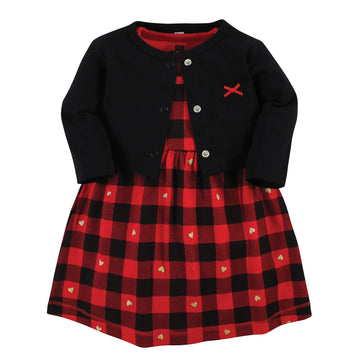 Hudson Baby Baby Girls Hudson Cotton And Cardigan Set, Gold Heart Buffalo Plaid, 0-3 Months Casual Dress, Gold Heart Buffalo Pla
