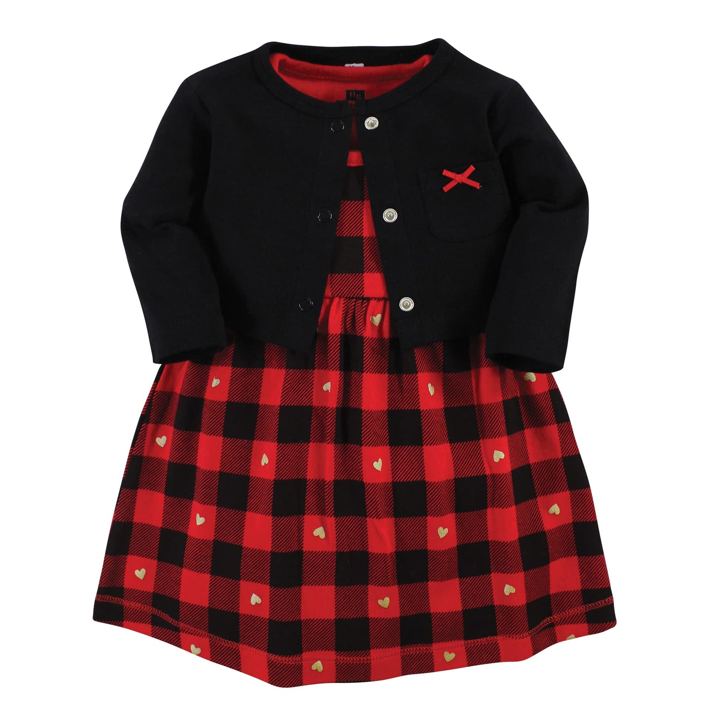 Hudson Baby Baby Girls' Cotton Dress And Cardigan Set, Gold Heart Buffalo Plaid, 6-9 Months