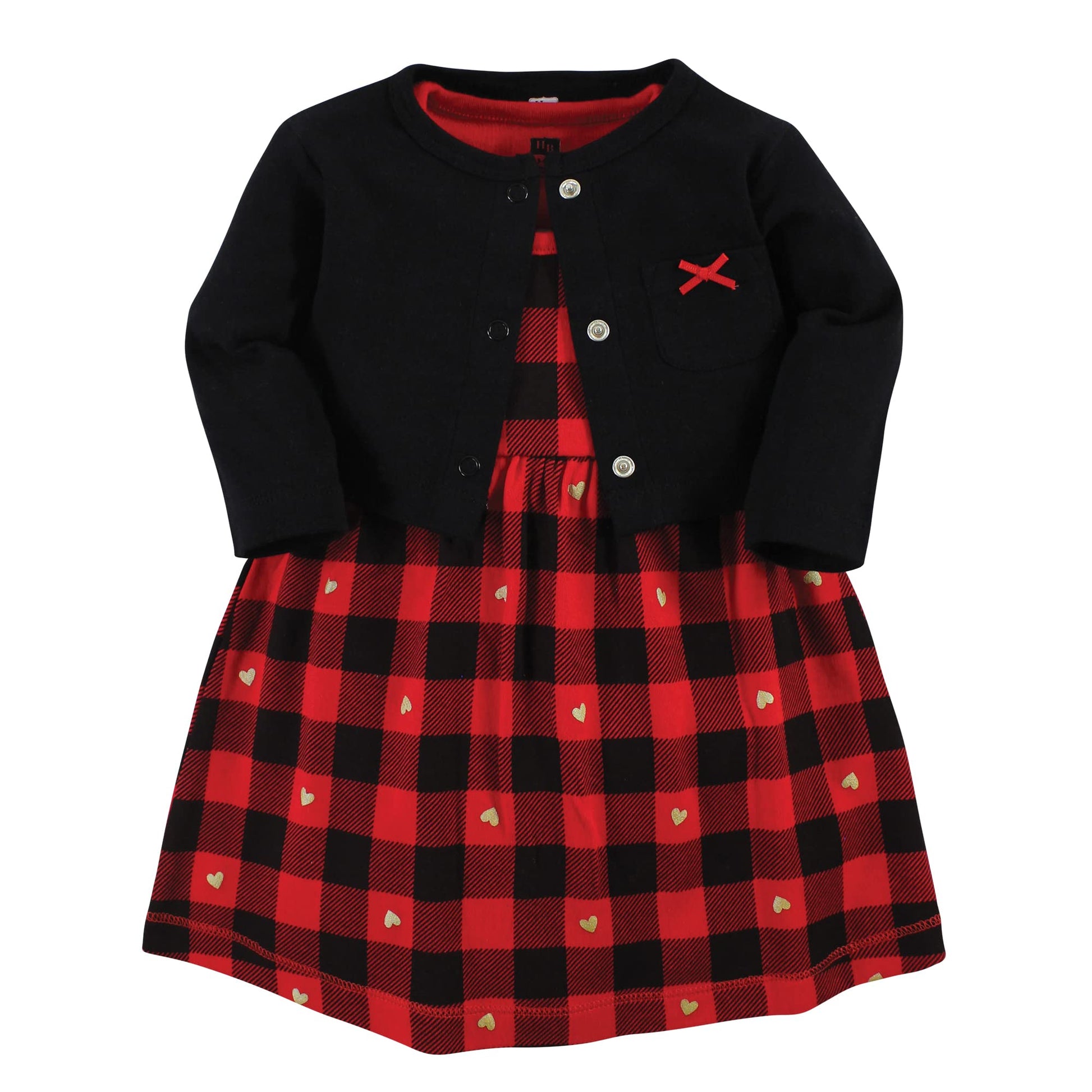 Hudson Baby Baby Girls' Cotton Dress And Cardigan Set, Gold Heart Buffalo Plaid, 6-9 Months