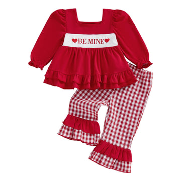 Ayalinggo Toddler Girl Valentine Day Outfit Be Mine Long Sleeves Ruffle Top Plaid Flare Pants Set Little Girls Spring Clothes (R