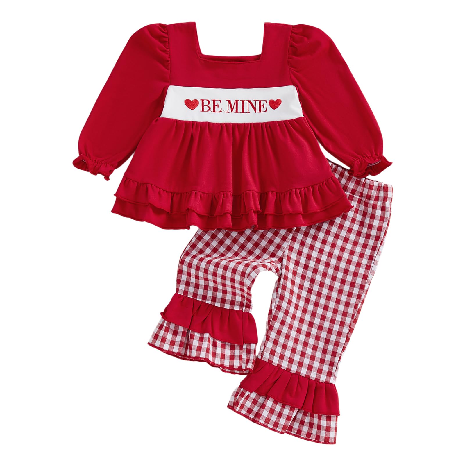 VISGOGO Toddler Girl Valentines Day Outfit Love Heart Embroidery Sweatshirt Shirt Pants Plaid Bow Heart Clothes (Be Mine Red, 6-