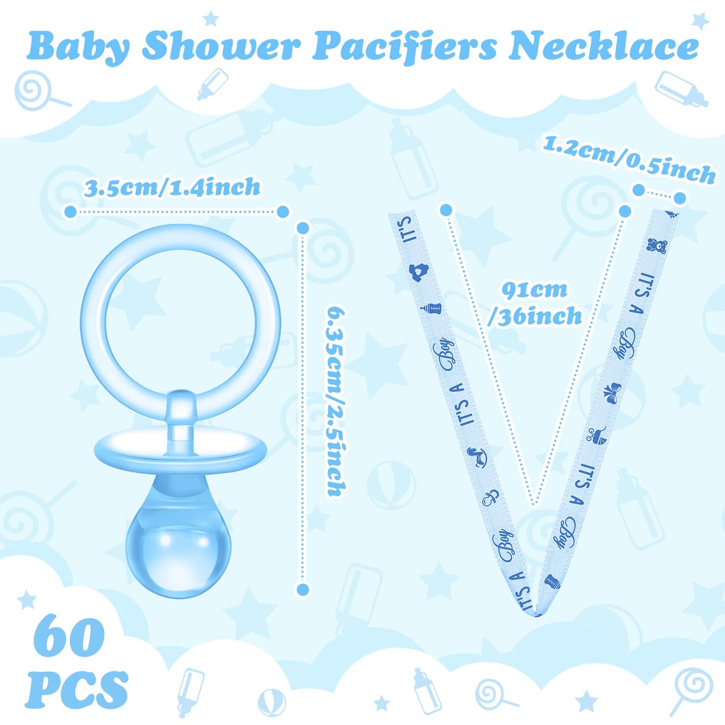 Coume 60 Pieces Baby Shower Pacifiers Necklace Acrylic Pacifiers Necklace Charm Party Favors For Girls Boys Baby Shower Party De