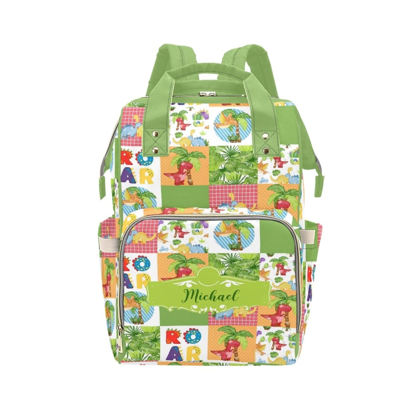 Noverbibi Custom Dinosaur Green Baby Diaper Bag with Name - Personalized Nursing Travel Tote Backpack for Mom or Dad, Custom Nam