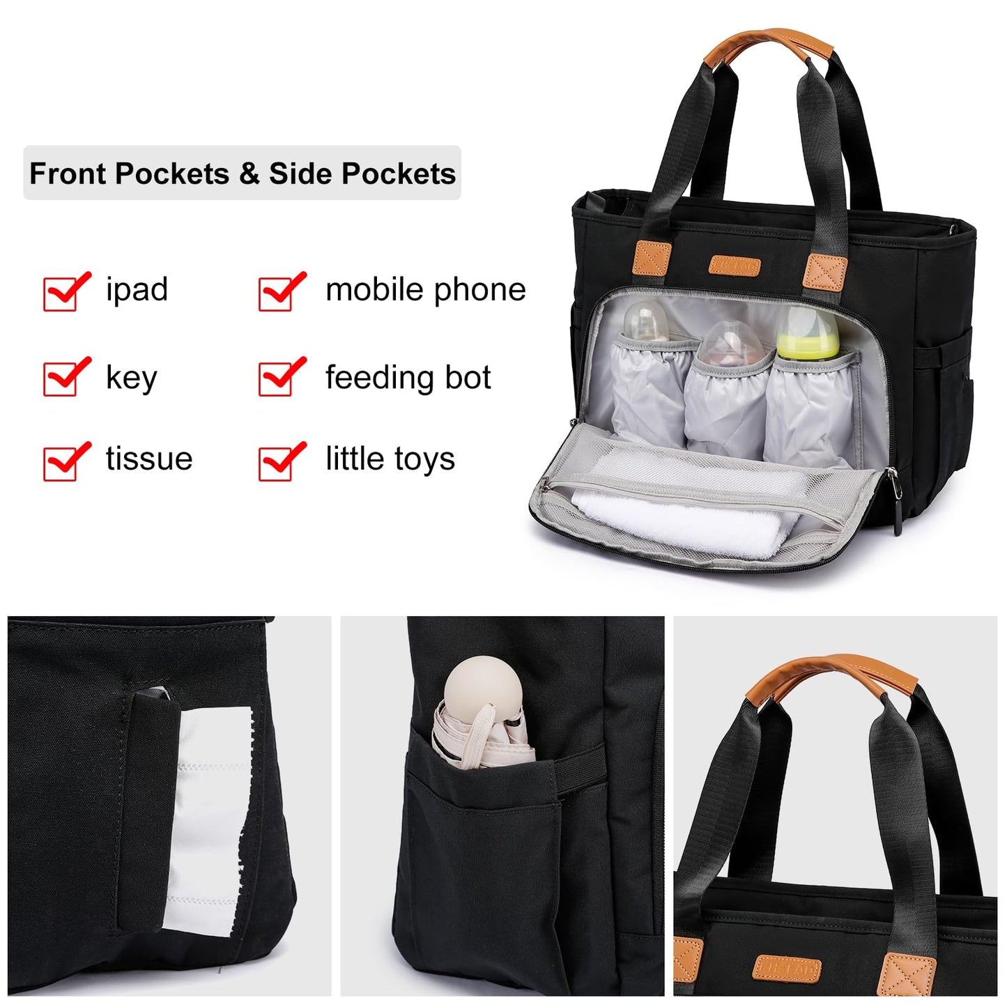 Fhelad Diaper Bag Tote Bag, Large Tote Diaper Bag With 16 Inch Laptop Compartment, Crossbody Toddler Diaper Bag For Mom (Black)