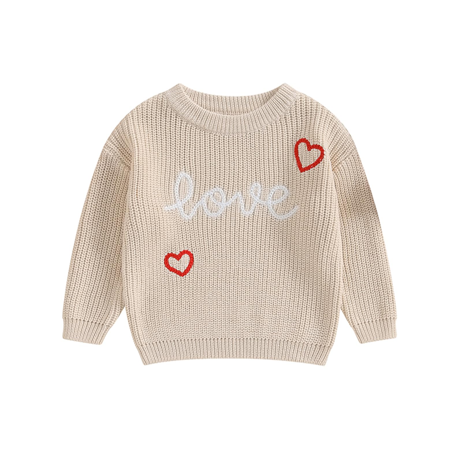 Baby Girl Cute Long Sleeve Crew Neck Love Embroidery Sweater Toddler Valentine Day Outfits (Khaki Love, 18-24 Months)