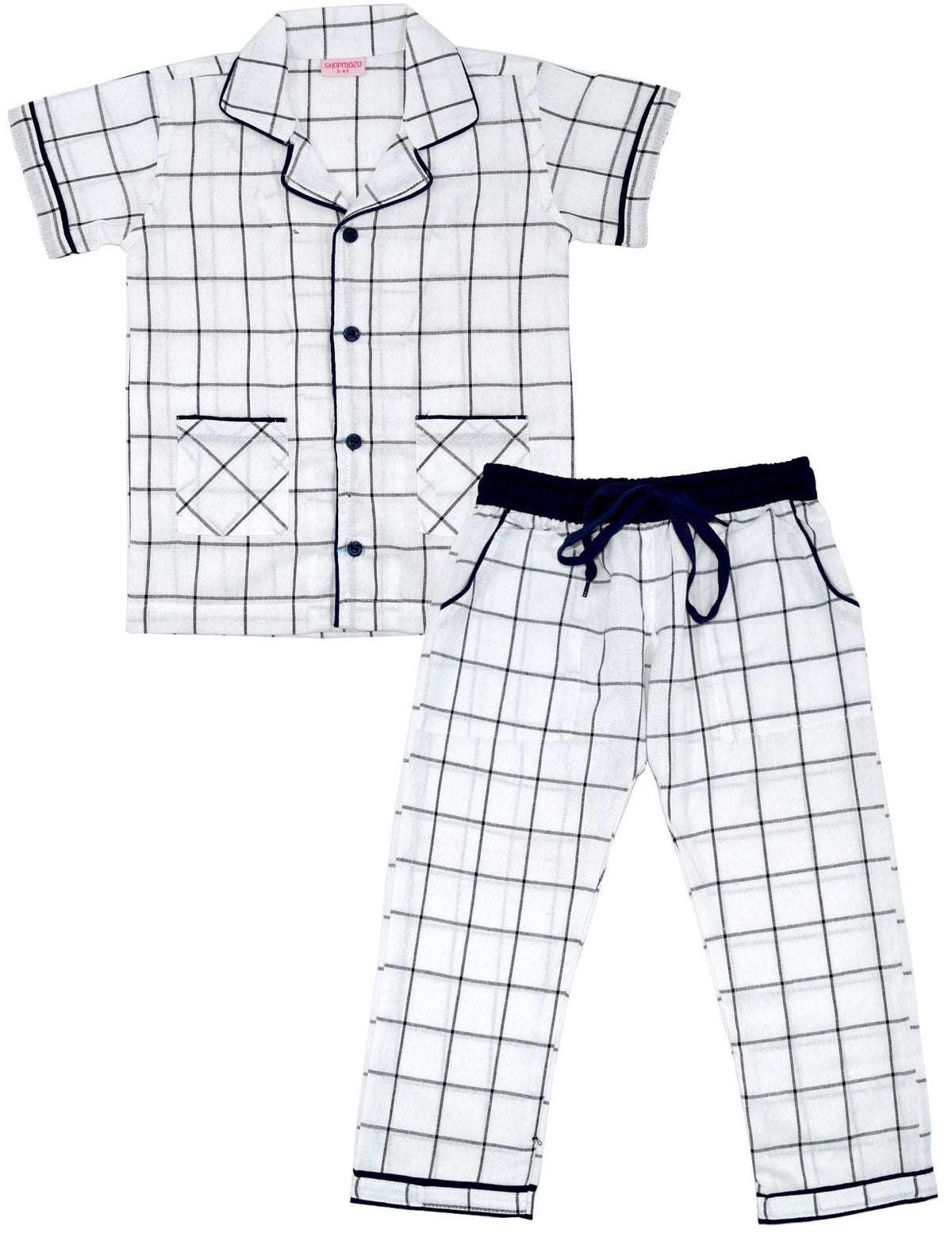 SHOPmOZO Unisex Pure Cotton Checkered Short Sleeve Night Suit for Boys and Girls Full Pyjama and Top Combo Set (SM00537UNISEXSW